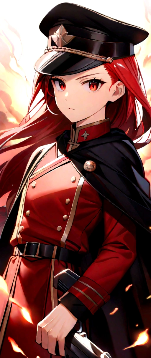 Beautiful young redhead, 17 years old, Red eyes, shiny long hair,Hair tied behind the back..He wears a red uniform and a black cloak..Holding a sword.He is wearing a military cap,He also has a long-stroke gun..