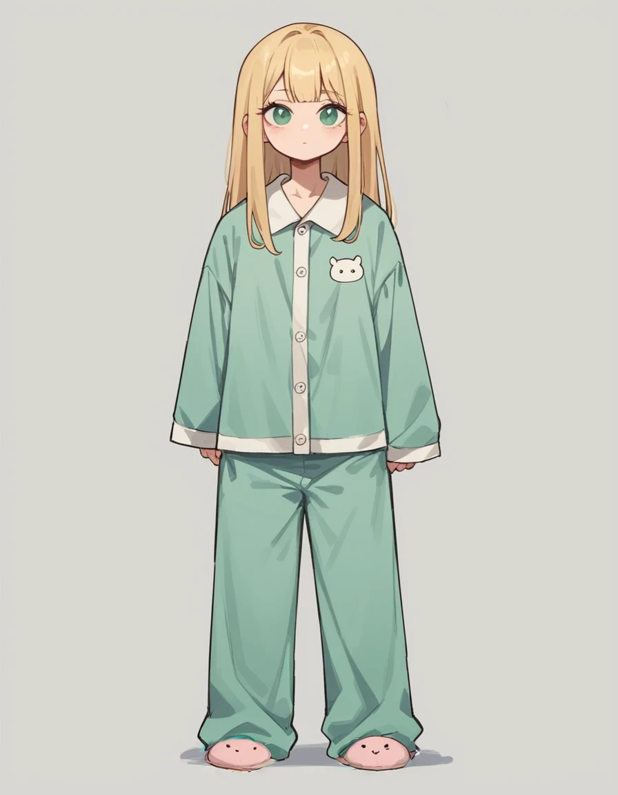 A beautiful, extremely detailed and dynamic girl with stinking green eyes, and Medium-long blonde hair with bangs, grinning, wearing a pajama, standing against a simple, plain white background with thick outlines, full body portrait, facing forward, looks like she's playing a game, wearing slippers