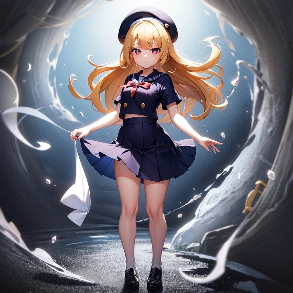 (Sailor suit),(((Navy Mini Skirt))),((Revealing clothing)),beret,,Cute little ,Tiny ,Small girl,,Childish face, Very fine clean face,Top quality, Big eyes,Straight Hair,Yellow hair,Crimson Eye,(Dark Room), Subtle light, Natural light,Soft lighting,Light from directly behind, (Are standing), Cute pose, (Open your hands), Showing the whole body,Front view,Black background