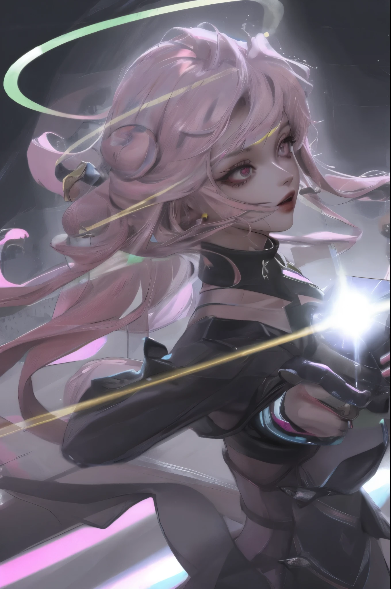 Cyberpunk, Pink Hair, Futurism, Surreal, Ultra wide angle, Wide-angle lens, look up, Dynamic Movement, Expressive, Full of energy, The Sacred Edge, Laser holographic images