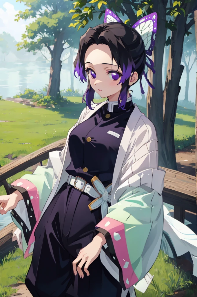 (masterpiece:1.3), (best quality:1.3), (8k, ultra detailed, ultra high res:1.1), (anime style), perfect 5 fingers, perfect anatomy,
1girl,
Shinobu Kochou,
BREAK long hair, wavy hair,
black hair, hair intakes, gradient hair,
purple eyes, bow in hair,
(large breasts:0.9),
BREAK black shirt, black tethered pants, white haori, looking at viewer,
BREAK cowboy shot, perfect light, outdoors, forest,