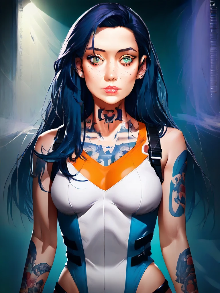 Cyberpunk detailed portrait (SKS Women) (40 year old SKS Women), Futuristic neon reflective clothing, Science Fiction, parts and components, ismail inceoglu dragan bibin hans thoma greg rutkowski alexandros pyromallis nekro rene margitte 插图, Perfect face, ((Tattoo)), (Long hair),, Matte Skin, Pores, wrinkle, Ultra Detailed, Surrealism,, Mood lighting, Hasselblad Photography Award Winner, Soft diffuse lighting, giggle,, Machine side, Fine details, Realistic shadows, complex, elegant,