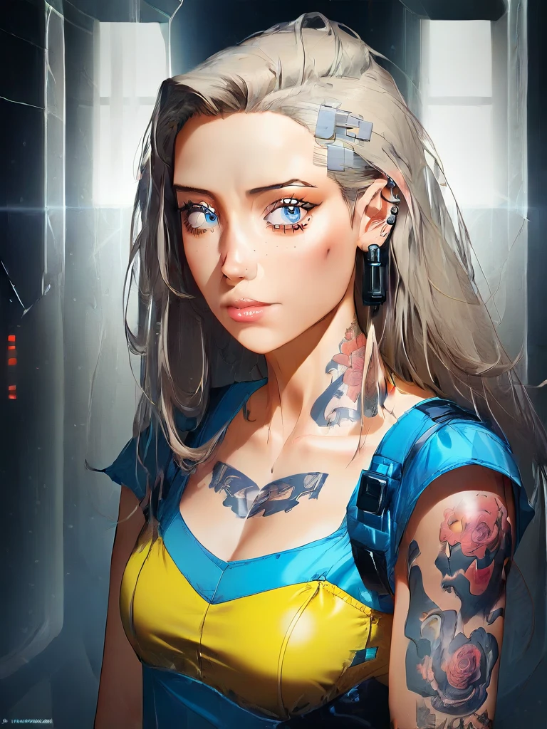 Cyberpunk detailed portrait (SKS Women) (40 year old SKS Women), Futuristic neon reflective clothing, Science Fiction, parts and components, ismail inceoglu dragan bibin hans thoma greg rutkowski alexandros pyromallis nekro rene margitte 插图, Perfect face, ((Tattoo)), (Long hair),, Matte Skin, Pores, wrinkle, Ultra Detailed, Surrealism,, Mood lighting, Hasselblad Photography Award Winner, Soft diffuse lighting, giggle,, Machine side, Fine details, Realistic shadows, complex, elegant,