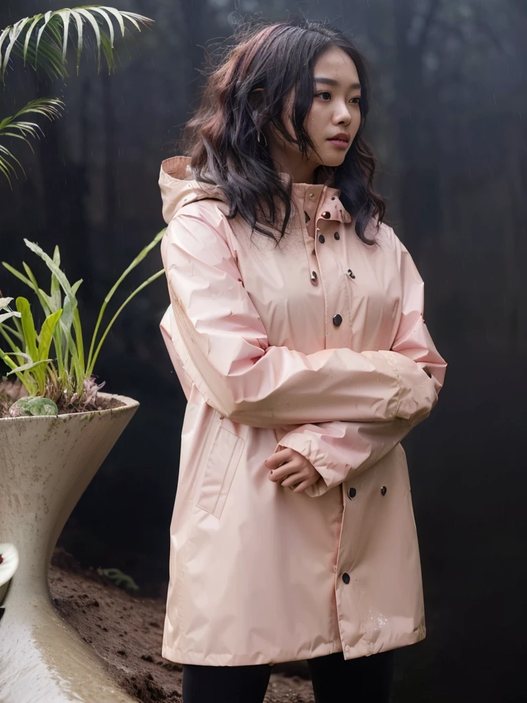 a beautiful young asian woman wearing a pink buttoned raincoat, her clothes and raincoat covered in mud, walking through a muddy field, (best quality,4k,8k,highres,masterpiece:1.2),ultra-detailed,(realistic,photorealistic,photo-realistic:1.37),HDR,UHD,studio lighting,ultra-fine painting,sharp focus,physically-based rendering,extreme detail description,professional,vivid colors,bokeh,portrait,realistic,photographic,natural lighting,muddy environment,rainy day