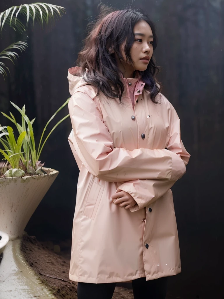 a beautiful young asian woman wearing a pink buttoned raincoat, her clothes and raincoat covered in mud, walking through a muddy field, (best quality,4k,8k,highres,masterpiece:1.2),ultra-detailed,(realistic,photorealistic,photo-realistic:1.37),HDR,UHD,studio lighting,ultra-fine painting,sharp focus,physically-based rendering,extreme detail description,professional,vivid colors,bokeh,portrait,realistic,photographic,natural lighting,muddy environment,rainy day