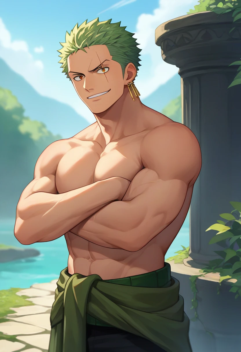 score_9, score_8_up, score_7_up, source_anime, solo, male focus, 1boy, roronoazoro, muscular, scar across eye, smile, looking at viewer, crossed arms, topless male, clothes around waist, black pants, single earring, outdoors 