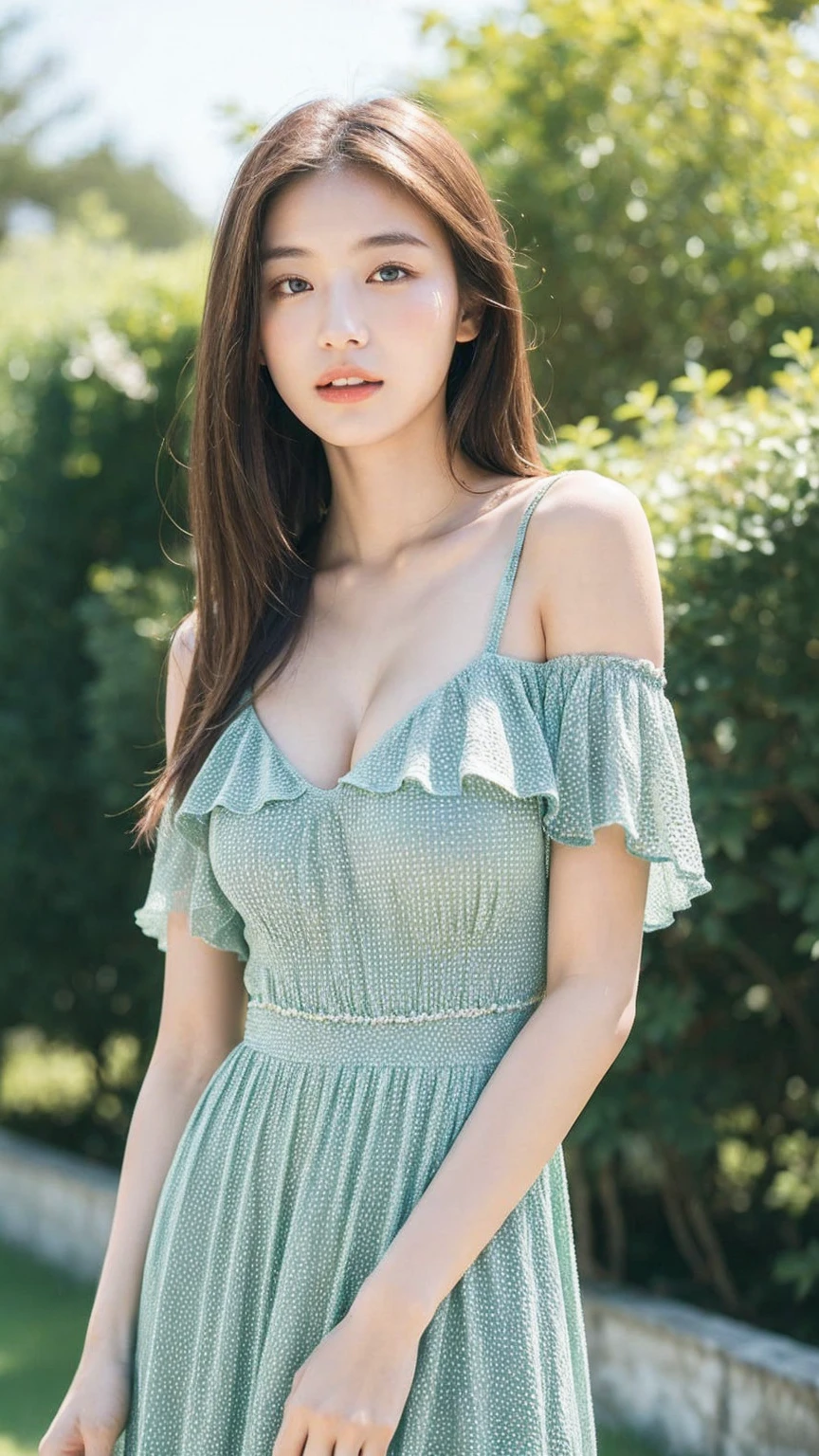 ((Best quality, 8K, masterpiece:1.3)),1girl,18 years old,Asian,Real texture:1.3,(Background blur:1.3),Gorgeous long dress,Tall and slender figure:1.2,(Hot summer weather),(garden:1.3),Highly detailed face and skin textures,Exquisite eyes,Long eyelashes,Double eyelids,Skin Whitening,happy,Big breasts