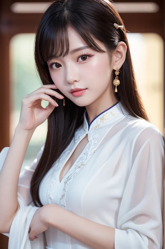 A very cute Chinese girl wearing fashionable clothes, dressed in 2023 women's clothing, with very white and tender skin, ultra-high skin details, complete hand details, 8K, shot by Canon,