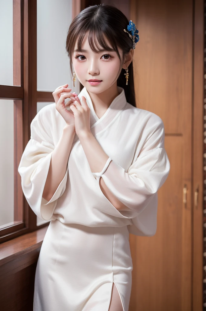 A very cute Chinese girl wearing fashionable clothes, dressed in 2023 women's clothing, with very white and tender skin, ultra-high skin details, complete hand details, 8K, shot by Canon,
