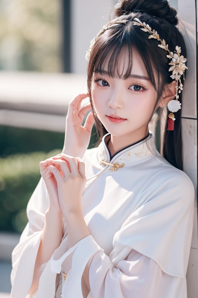 A very cute Chinese girl wearing fashionable clothes, dressed in 2023 women's clothing, with very white and tender skin, ultra-high skin details, complete hand details, 8K, shot by Canon,