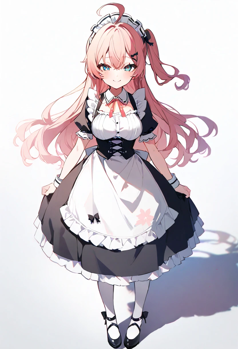 (muste piece), (best quality), very detailed eyes, expressive eyes, perfect face, very detailed face, highly detailed face, beautiful girl, 8K, beautiful girl, white background, delicate and beautiful face and eyes, dark intense shadow, 1 girl, vtuber style, cool girl, hololive, SakuraMiko, long hair, ahoge, one side up, maid uniform, big chest, smile, white pantyhose, maid shoes, (full body), standing,