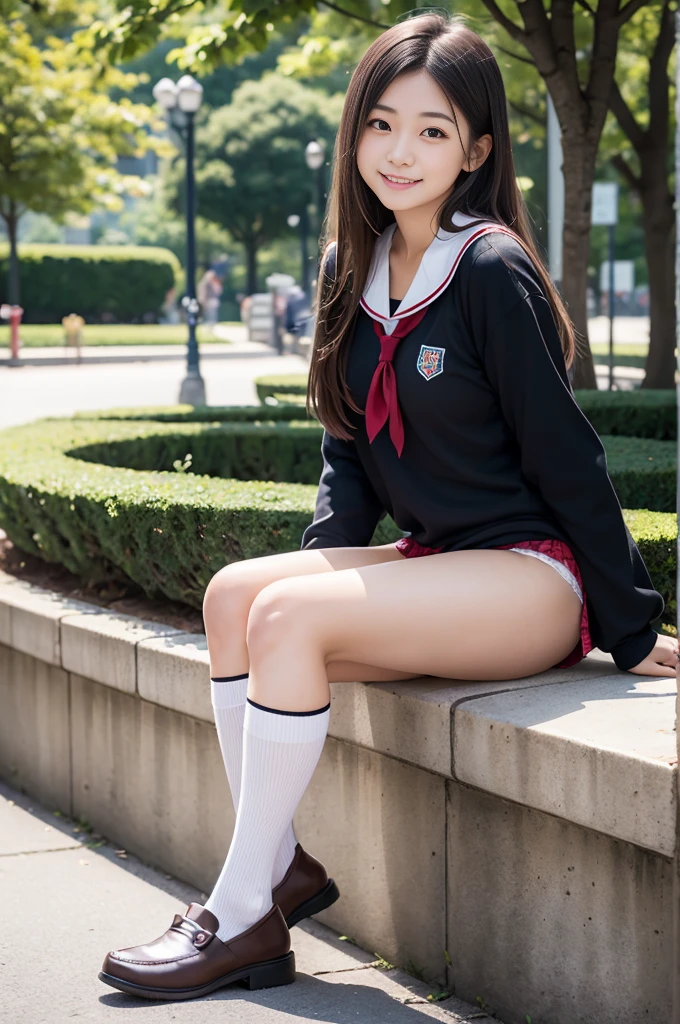 Pure Japanese  girl, sexual attractive, sweet temptation, outstanding body, beautiful legs, wearing loose uniform, high socks, loafers, (panty), natural long hair, sweet smile, sitting, refreshing in early summer, park, professional portrait photography, composition from the front, 