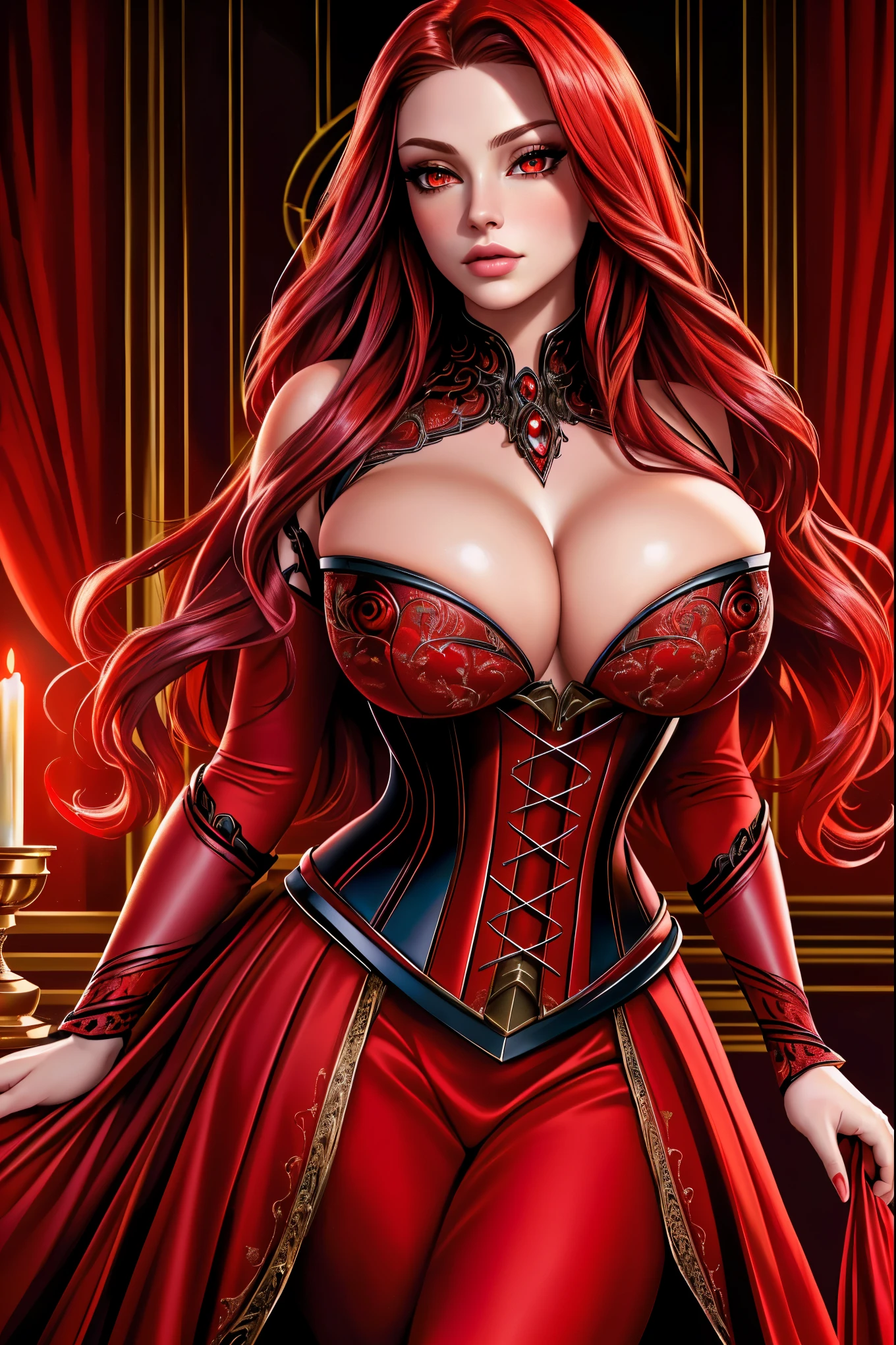 a woman with long crimson hair, wearing a long, intricate corset, beautiful detailed eyes, beautiful detailed lips, extremely detailed face, longeyelashes, elegant pose, graceful movement, breathtaking, detailed and realistic, oil painting, dramatic lighting, warm color palette, cinematic composition, masterpiece, 8k, high quality, Scarlet Witch, (((red eyes)))