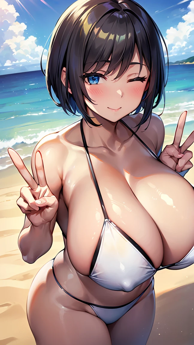 (5fingers, one hand peace sign:1.6), (gleaming skin:1.3),  woman, A milf wblack short hair, sky-blue eyes, one eyeclosed, wearing a metallic white bikini, gigantic breast,sta beach. crowd. arms behind back.