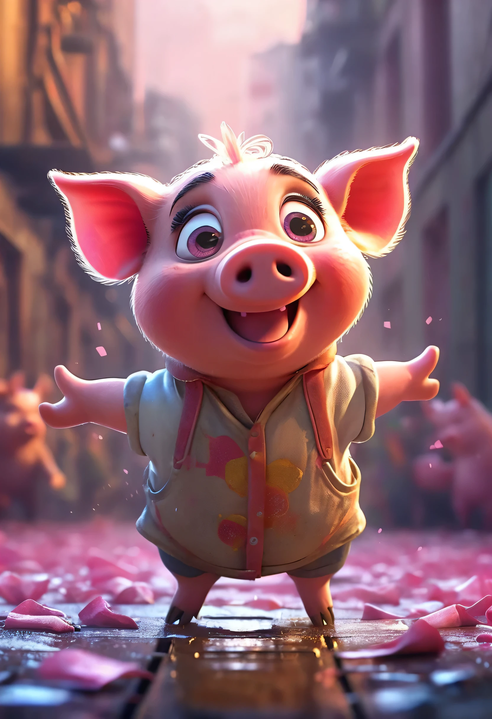 cute pink piggy, cartoon,arms, hands ,cute eyes, big pig ears,looking at viewer, arms up, dirty effects, particles, random, dirty background, clothes, dirty, pig, detailed eyes