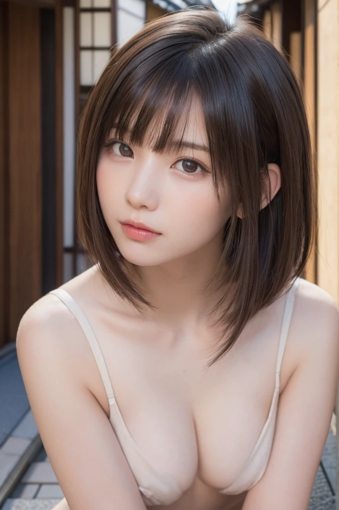 one girl, (a beauty girl, delicate girl:1.3), (, change:1.3),
break, (All nude:1.3),
break, Very fine grain definition, (Symmetrical eyes:1.3),
break, (alley, In Kyoto:1.3), perfectly trimmed fingers,
break, Small breasts, Brown eyes, Parted bangs, Brown Hair, girl,
break, (Eye and facial details:1.0),
break, (masterpiece, Highest quality, Super detailed, Detailed face, 8K)