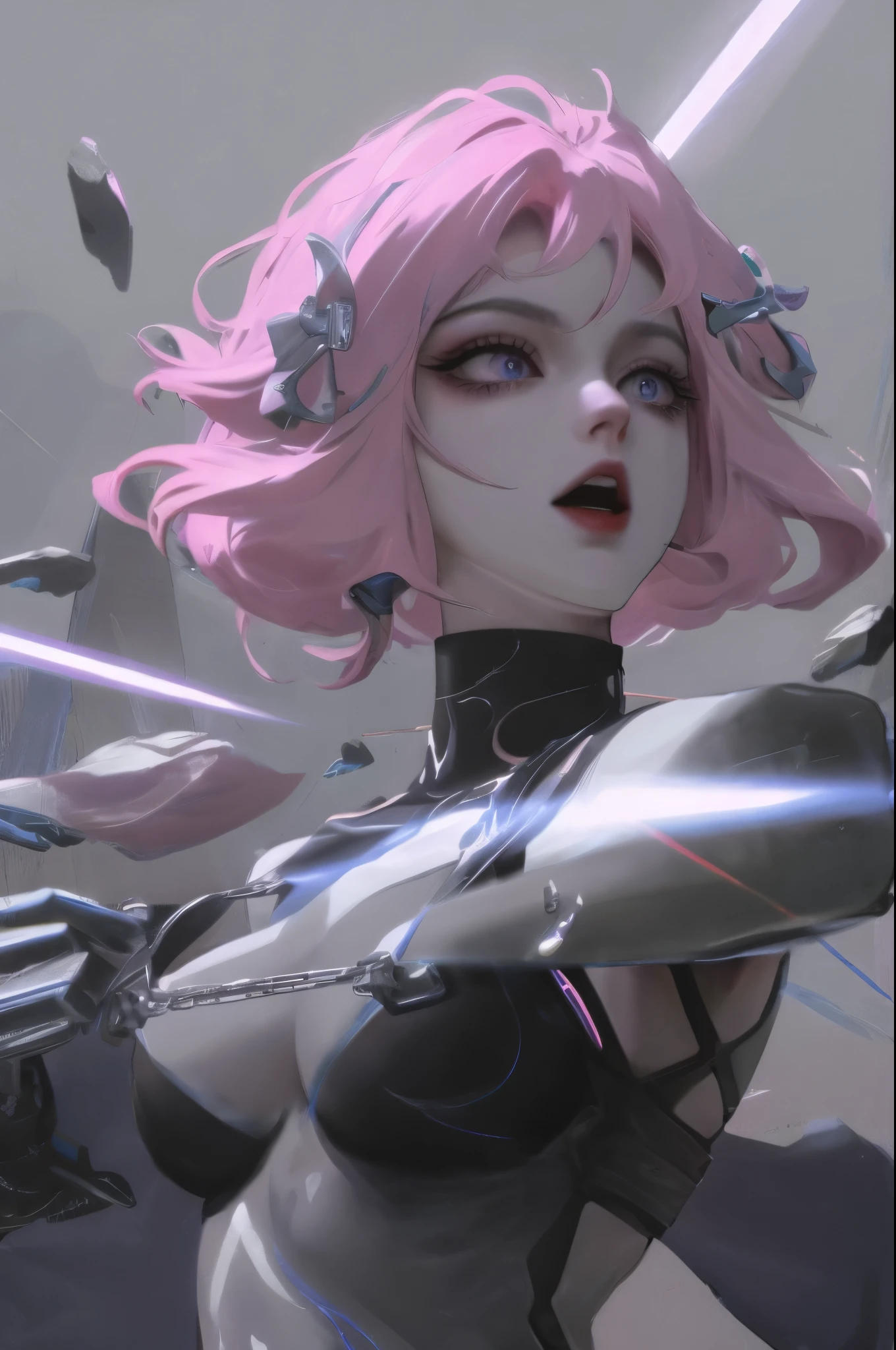 Cyberpunk, Pink Hair, Futurism, Surreal, Ultra wide angle, Wide-angle lens, look up, Dynamic Movement, Expressive, Full of energy, The Sacred Edge, Laser holographic images