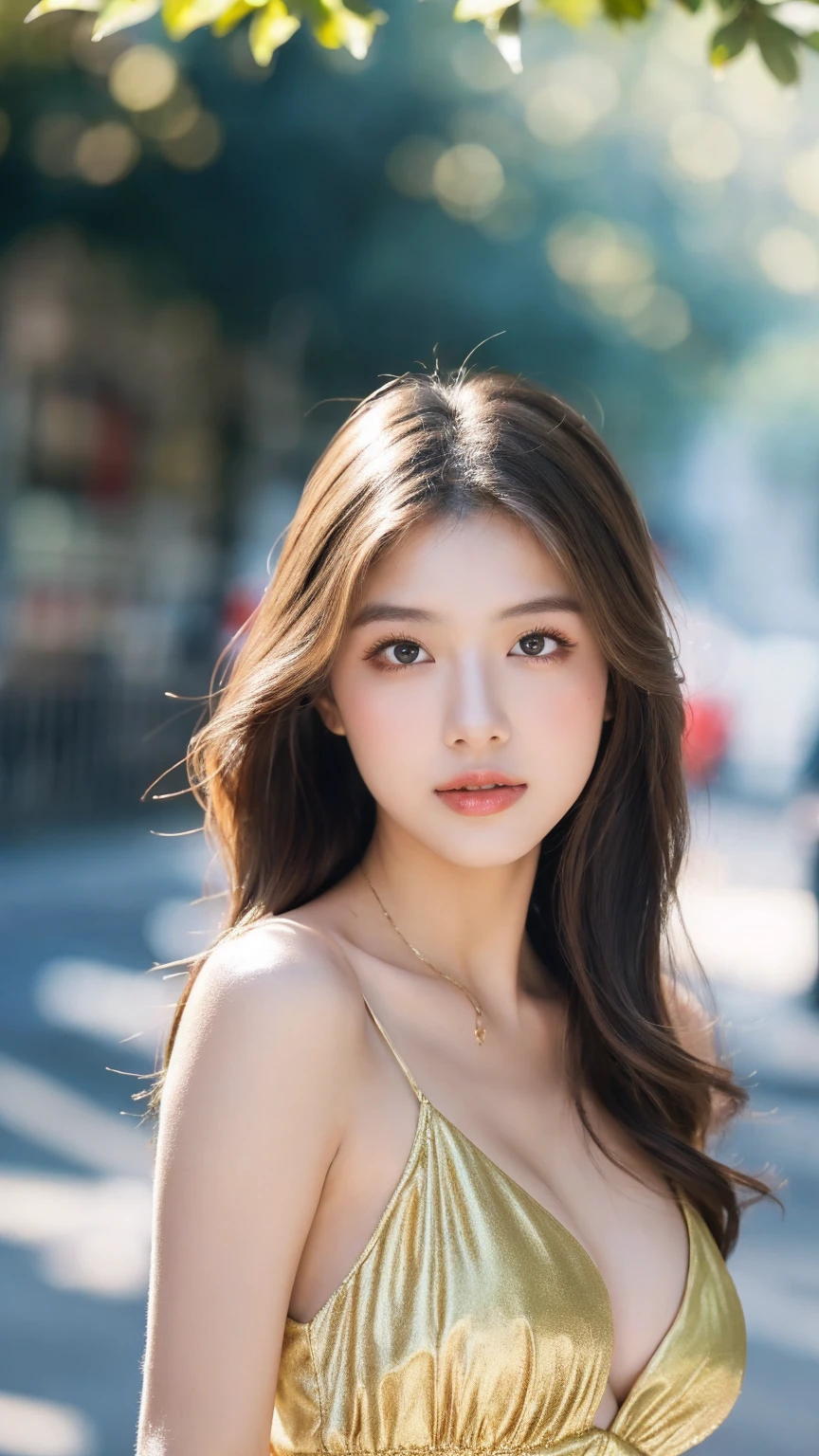 ((Best quality, 8K, masterpiece:1.3)),1girl,18 years old,Asian,Real texture:1.3,(Background blur:1.1),Gorgeous long dress,Tall and slender figure:1.2,(Hot summer weather),(street:1.3),Highly detailed face and skin textures,Exquisite eyes,Long eyelashes,Double eyelids,Skin Whitening,happy,Various postures,Big breasts