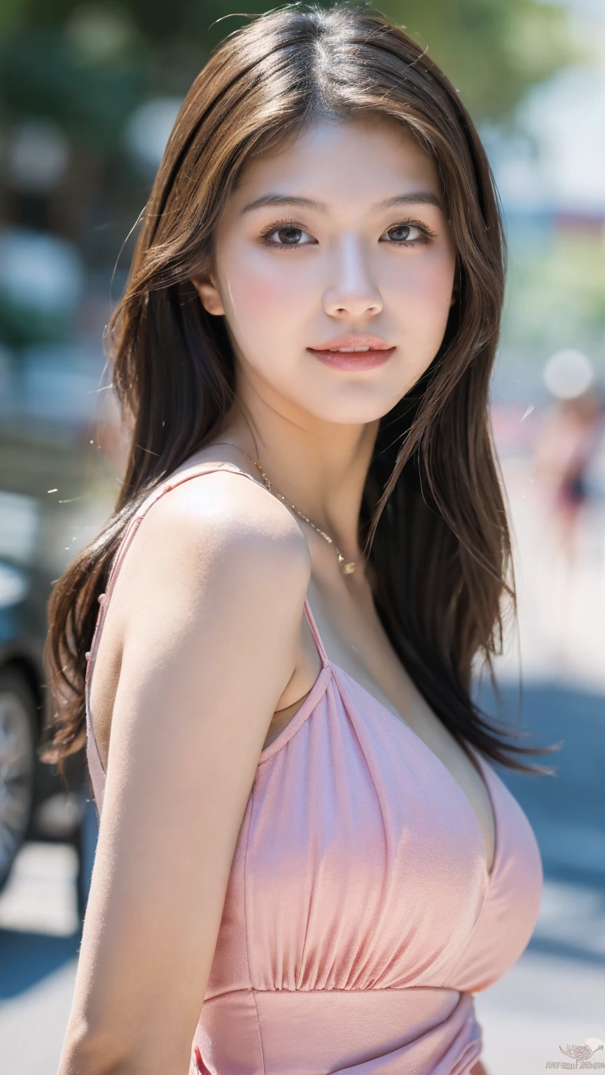 ((Best quality, 8K, masterpiece:1.3))，1girl，18 years old，Asian，Real texture:1.3，(Background blur:1.1)，Gorgeous long dress，Tall and slender figure:1.2，(Hot summer weather)，（street:1.3），Highly detailed face and skin textures，Exquisite eyes，Long eyelashes，Double eyelids，Skin Whitening，happy，Various postures，Big breasts