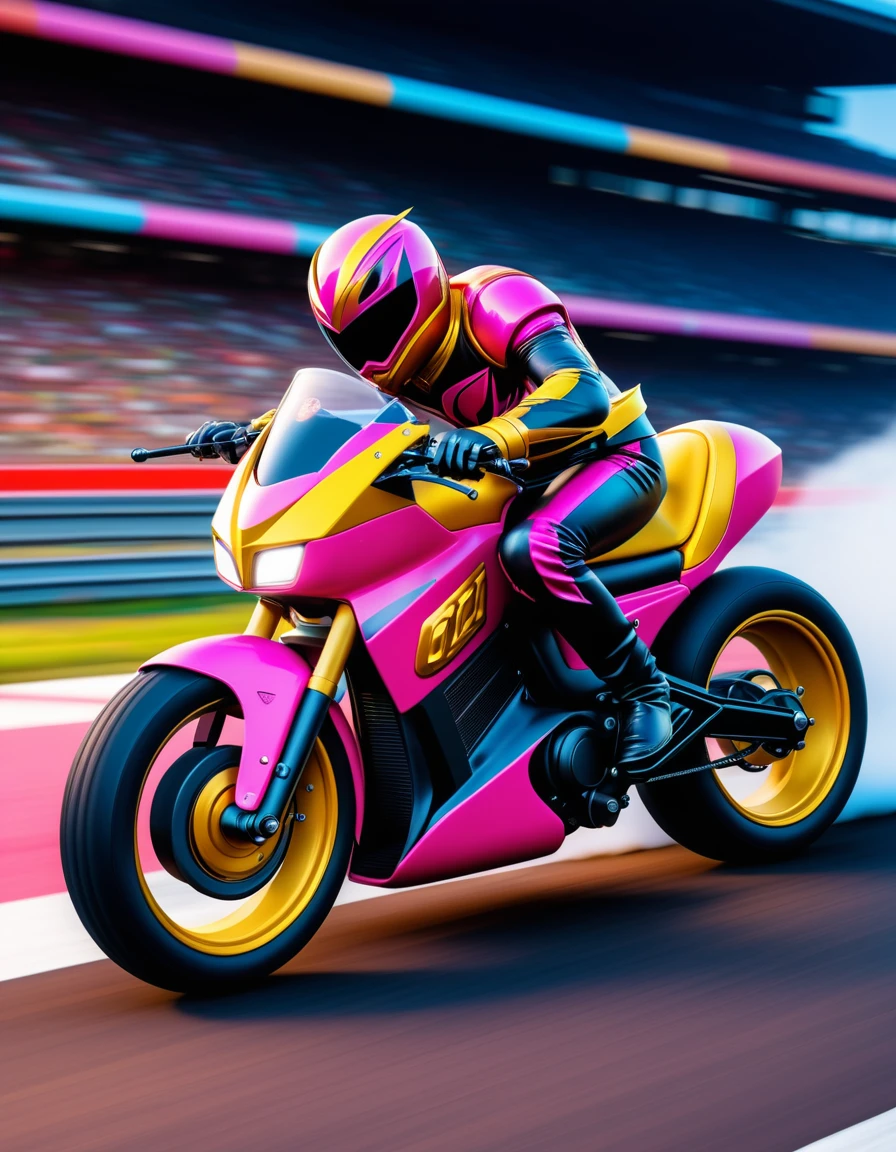 (A Kamen Rider driving at full speed on a race track:1.3), Yellow and pink motorcycle, anime screepcap, view from side, (masterpiece:1.1), (Best quality:1.1), (high detailled:1.1), (vivid colors:1.1