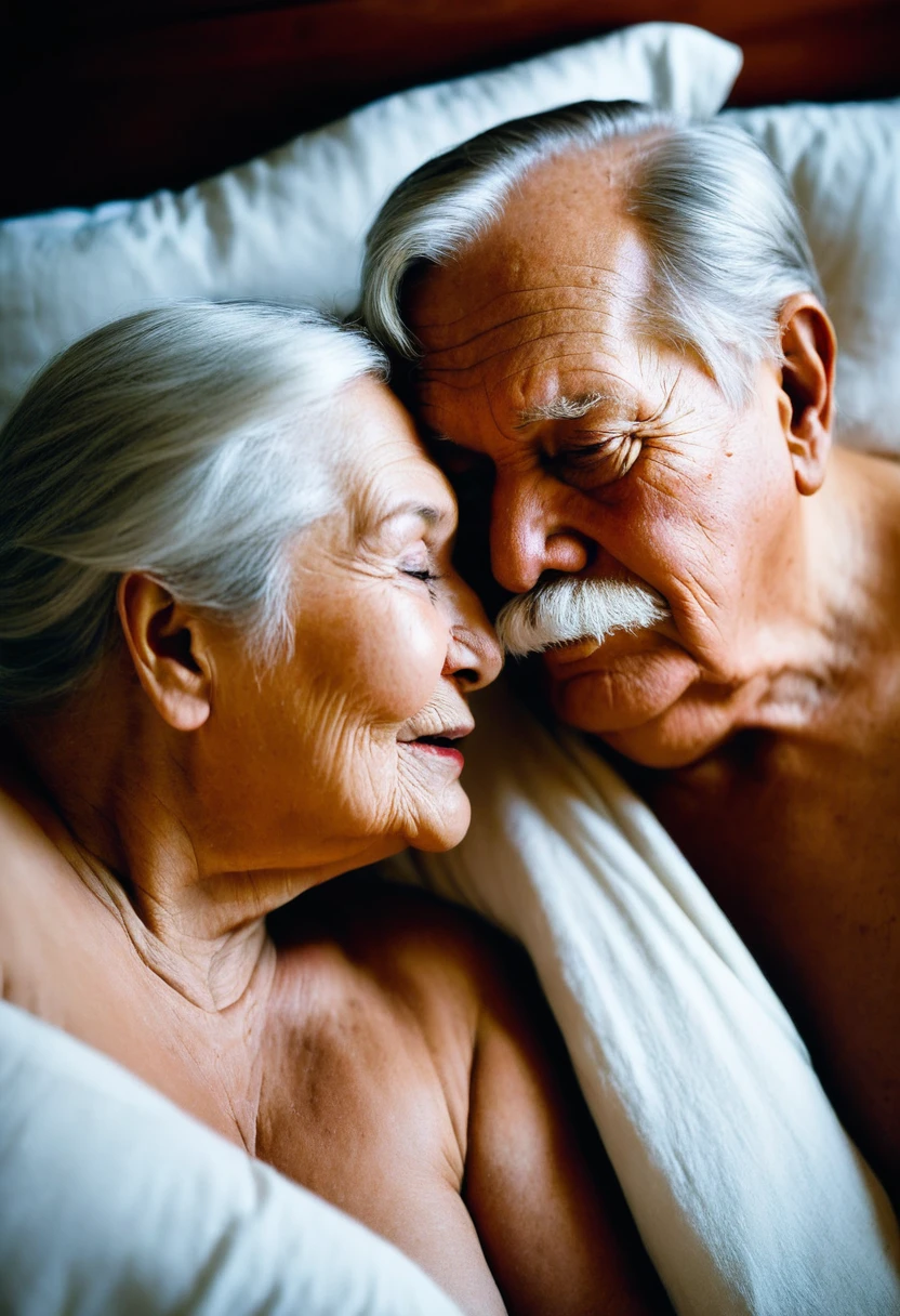 An Elderly Man 95 year old, extremely obese, receding hairline, extremely short stature, naked, extremely long mustache, is lying in bed, kissing his wife on the mouth. She returns the kiss with wild passion, holding his face intensely. The soft light from the bedside lamp creates an intimate and fiery atmosphere. The image focuses closely on their faces, highlighting the expressions of desire and deep love. The bedroom is decorated in neutral and soft tones, with pillows and blankets around them, emphasizing the intensity of the couple's connection