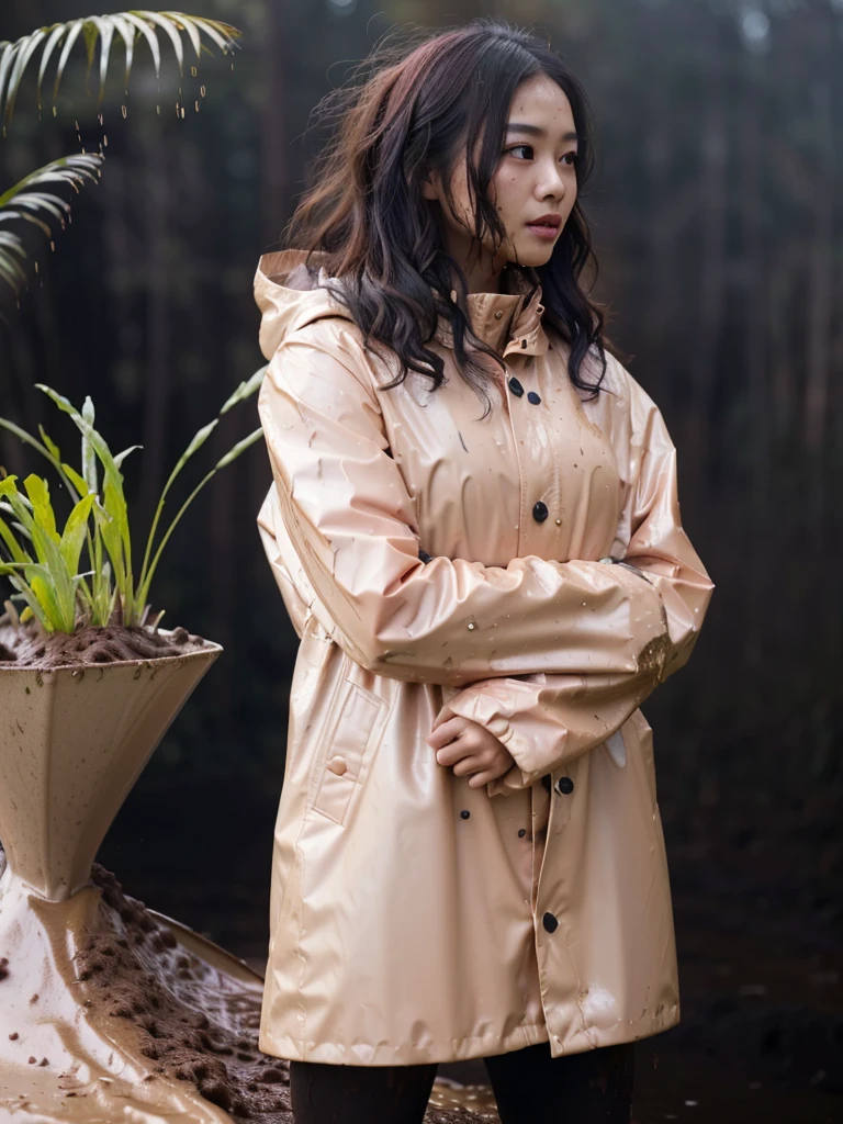 a beautiful young asian woman wearing a pink buttoned raincoat, her clothes and raincoat covered in mud, walking through a muddy field, (best quality,4k,8k,highres,masterpiece:1.2),ultra-detailed,(realistic,photorealistic,photo-realistic:1.37),HDR,UHD,studio lighting,ultra-fine painting,sharp focus,physically-based rendering,extreme detail description,professional,vivid colors,bokeh,portrait,realistic,photographic,natural lighting,muddy environment,rainy day