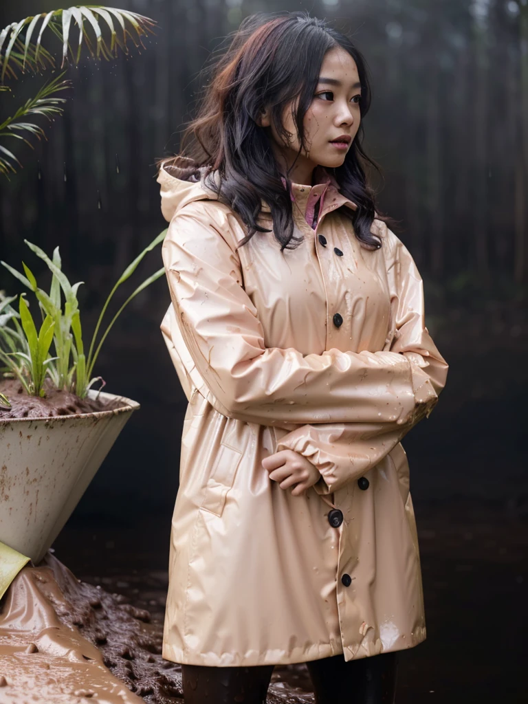 a beautiful young asian woman wearing a pink buttoned raincoat, her clothes and raincoat covered in mud, walking through a muddy field, (best quality,4k,8k,highres,masterpiece:1.2),ultra-detailed,(realistic,photorealistic,photo-realistic:1.37),HDR,UHD,studio lighting,ultra-fine painting,sharp focus,physically-based rendering,extreme detail description,professional,vivid colors,bokeh,portrait,realistic,photographic,natural lighting,muddy environment,rainy day