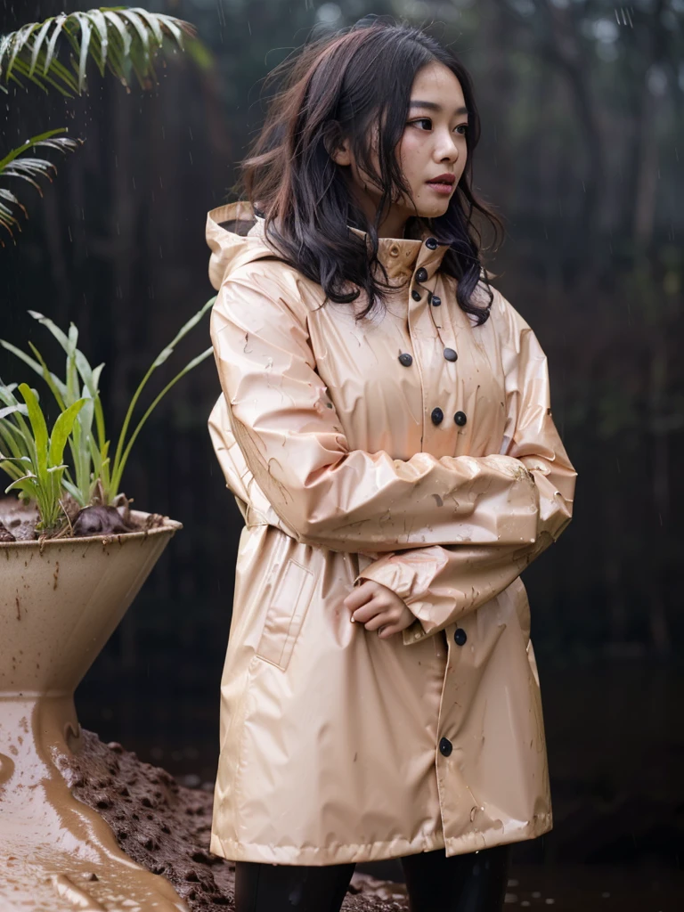 a beautiful young asian woman wearing a pink buttoned raincoat, her clothes and raincoat covered in mud, walking through a muddy field, (best quality,4k,8k,highres,masterpiece:1.2),ultra-detailed,(realistic,photorealistic,photo-realistic:1.37),HDR,UHD,studio lighting,ultra-fine painting,sharp focus,physically-based rendering,extreme detail description,professional,vivid colors,bokeh,portrait,realistic,photographic,natural lighting,muddy environment,rainy day