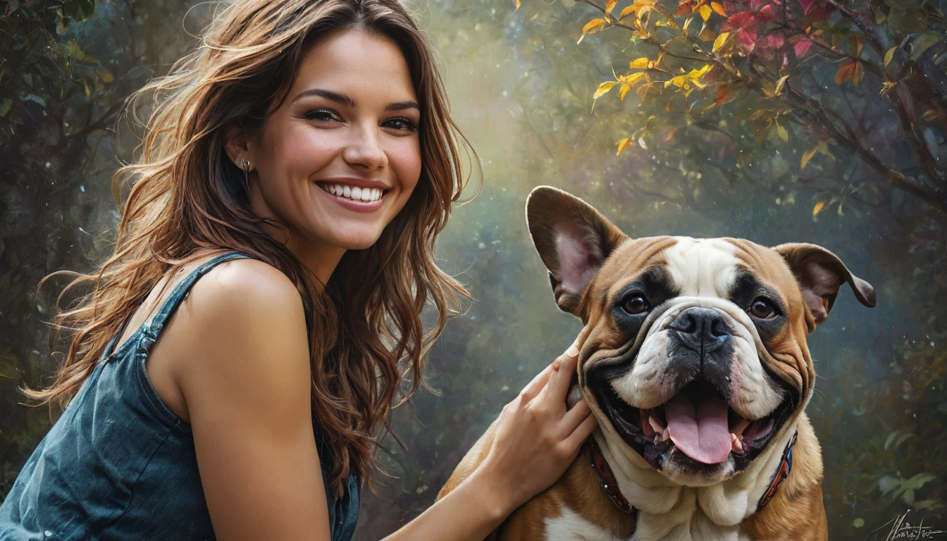 half  body,
a woman smile  with her best friend her Buldog,
dark complex background, style by Thomas Kinkade+David A. Hardy+Carne Griffiths+Mandy Disher half vivid colors fine art, best quality, high detailed, detailed faces, 2d,