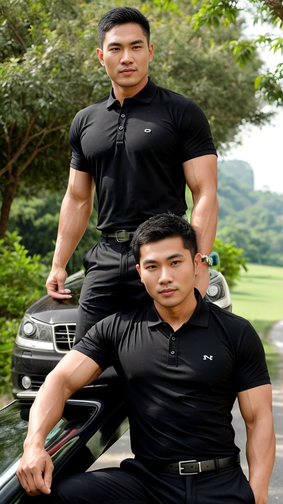 Thai man ,man,He is about 30 years old.,Rough and handsome appearance,Big muscles,large pectoral muscles,(black polo shirt park:1.3),Big waistline,chest hair,sitting on the roadside,Wearing the tongs,buzz cut, angry, sullen, best quality, Masterpiece,(outdoor background road :1.5),(Have muscles:4.5),(fat:1.5),(gray hair:1.5 ),(gray body hair:1.5),(skin wrinkles:1.5),(shine on the skin:1.5),