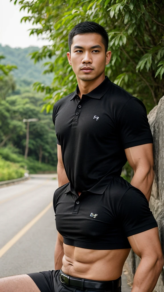 Thai man ,man,He is about 30 years old.,Rough and handsome appearance,Big muscles,large pectoral muscles,(black polo shirt park:1.3),Big waistline,chest hair,sitting on the roadside,Wearing the tongs,buzz cut, angry, sullen, best quality, Masterpiece,(outdoor background road :1.5),(Have muscles:4.5),(fat:1.5),(gray hair:1.5 ),(gray body hair:1.5),(skin wrinkles:1.5),(shine on the skin:1.5),
