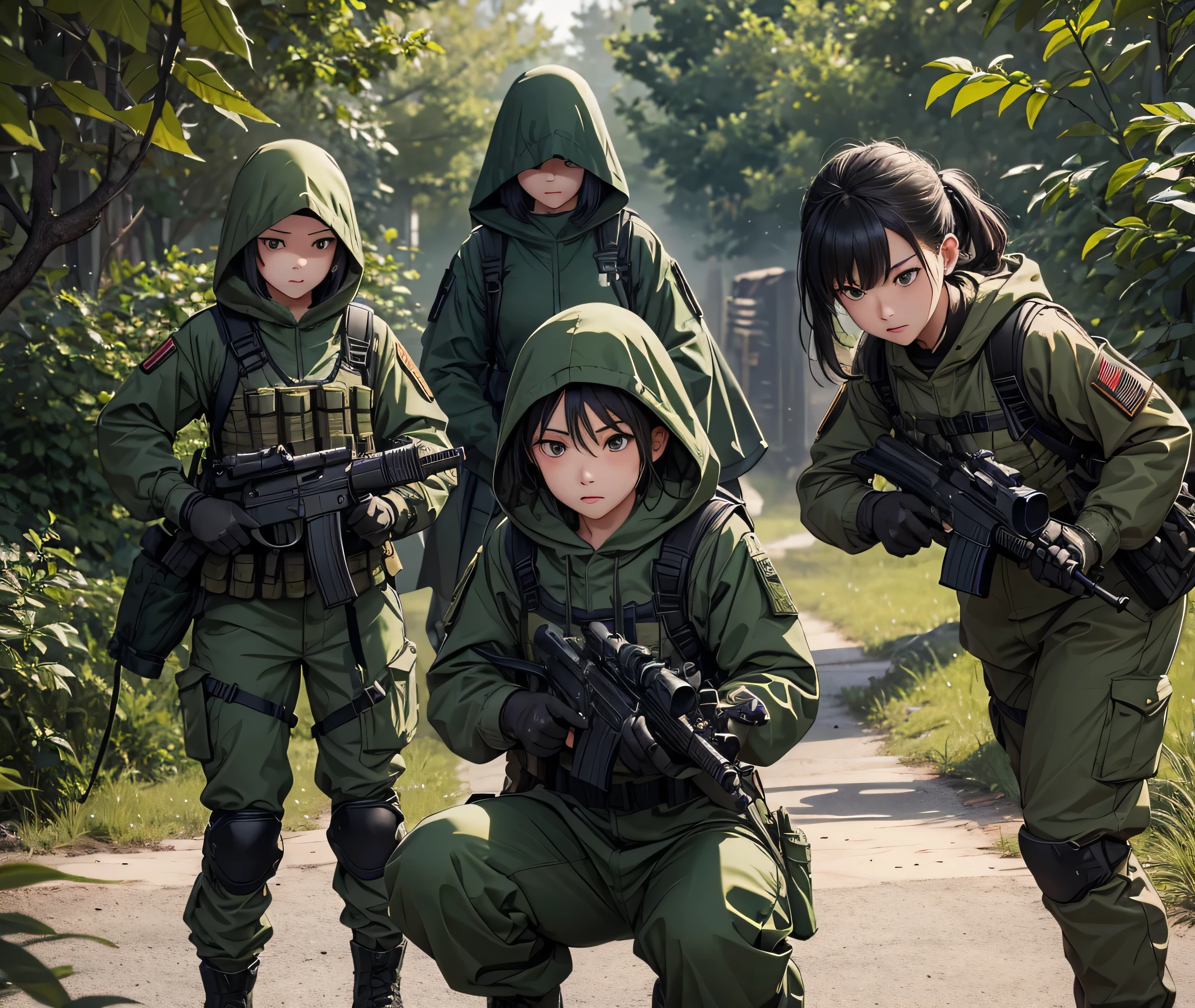First-person shot、A group of female soldiers fighting with bare hands、Wearing dark green M-51 hooded military uniform、Hooded on head、Dark green military pants,Wearing a magazine pouch、Tactical harness、Knee pads、best quality、Highly detailed CG、8K picture quality