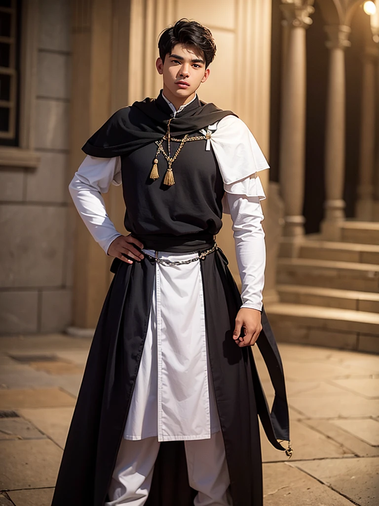 18 year old young man, medieval clothing, black hair, black eyes, white skin, realistic skin, standing pose