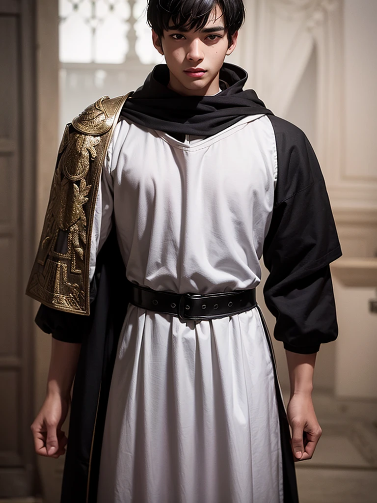 18 year old young man, medieval clothing, black hair, black eyes, white skin, realistic skin, standing pose
