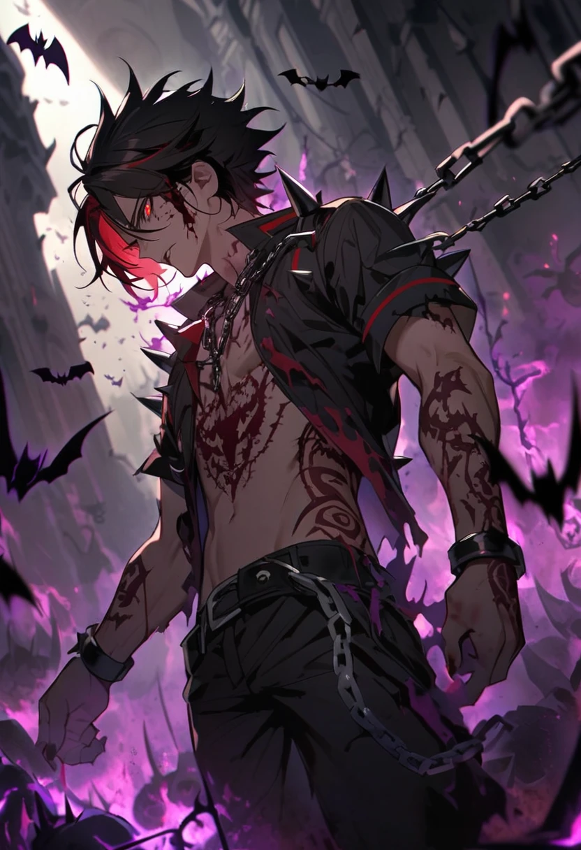  dark aura, hell, male, red eyes, bats, blood, black red hair, chain, spikes, experienced, tatoo, long parted bang