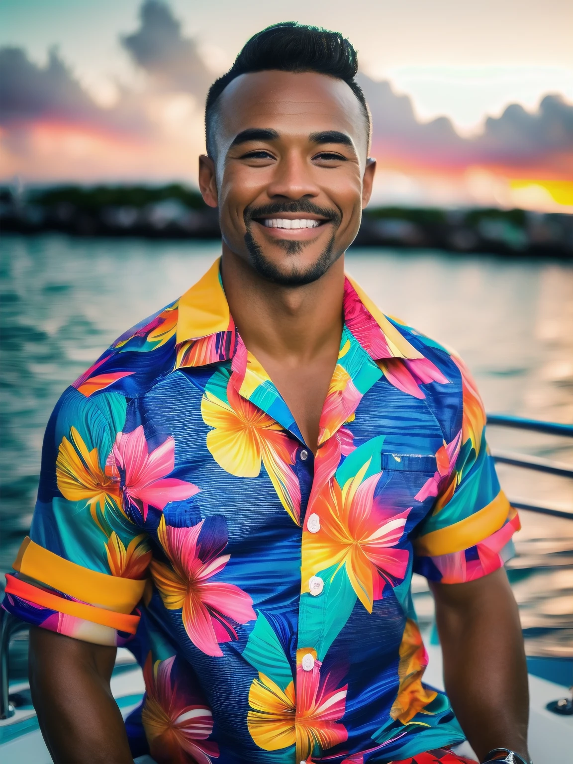 a man, Todder8, Todder1 short hair, perfect facial features, RAW, UHD, 8K, looking at camera, on a yacht at sea, vacation photography, island paradise, colorful Hawaiian shirt, photorealistic, dynamic lighting, perfect day, [smiling]