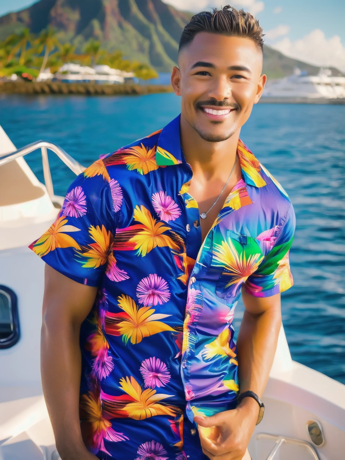 a man, Todder8, Todder1 short hair, perfect facial features, RAW, UHD, 8K, looking at camera, on a yacht at sea, vacation photography, island paradise, colorful Hawaiian shirt, photorealistic, dynamic lighting, perfect day, [smiling]