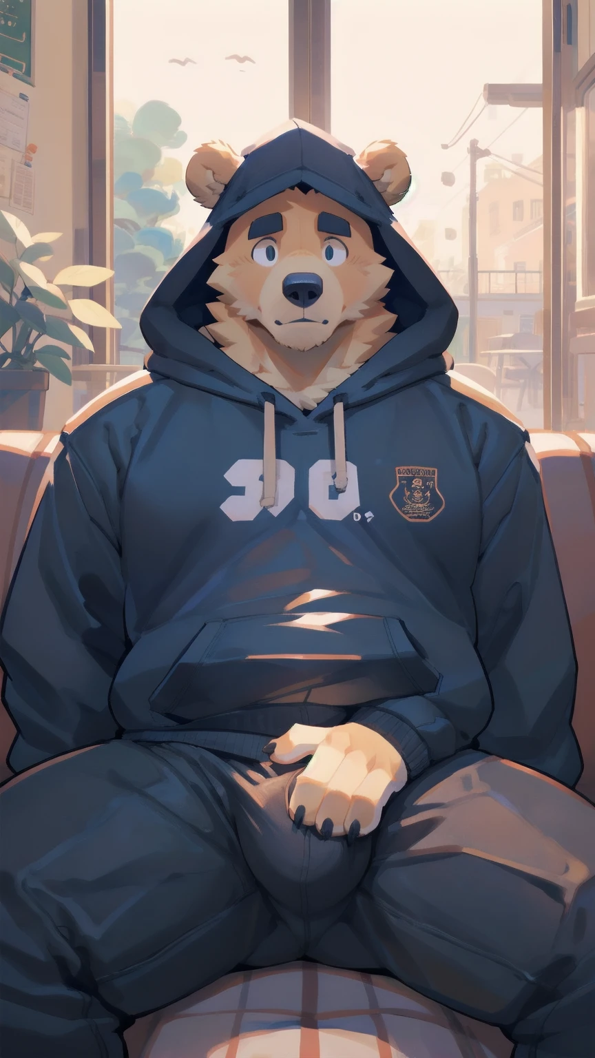 Solo, male, laying on couch in living room, hand on bulge, by bigcozyorca, by goonie-san, by bebebebebe, by spikedmauler, front view, big buff , Bear, Wearing a gray hooded sweatshirt, social fear, School dormitory with sunny background, Shyly averting eyes