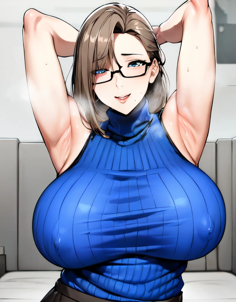mature female,(large breasts:2.5),(shiny hair),((solo)),((masterpiece)),((best quality)),perfect anatomy,slim waist,perfect image,8k UHD,(beautiful detailed eyes:1.5),extremely detailed face,standing,(upper body:1.3),(look at the front:1.5),arms behindback,ultra-detailed,absurdres,highres,(light brown hair:1.5),((blunt bangs)),erotic lips,((sensitive smile)),sexy mature women,40 years-old,long hair,(blue ribbed sweater),sleeveless,mini skirt, showing armpits,sweat armpits, sexy pose, eye glasses, nipple visible, sweat drop