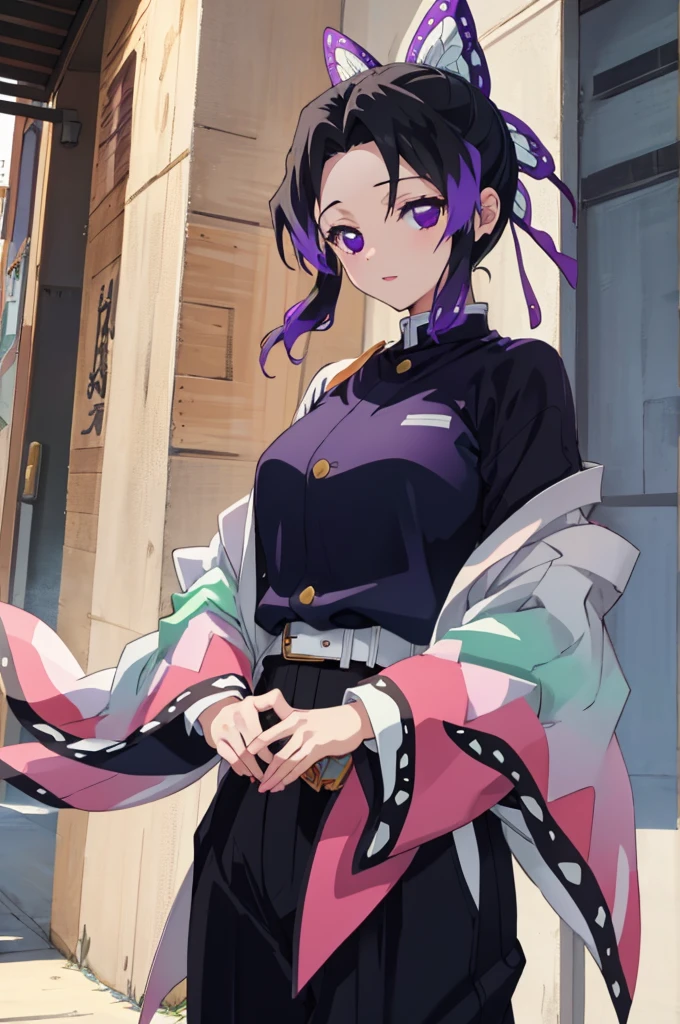 (masterpiece:1.3), (best quality:1.1), (8k, ultra detailed, ultra high res:1.2), ((anime style)), perfect 5 fingers, perfect anatomy, 
1girl,
Shinobu Kochou, 
BREAK long hair, wavy hair,  
black hair, hair intakes, gradient hair, 
purple eyes, bow in hair,
(large breasts:0.9),  
BREAK black shirt, black tethered pants, white haori, looking at viewer, 
BREAK cowboy shot, perfect light, outdoors, age of Edo, city, 