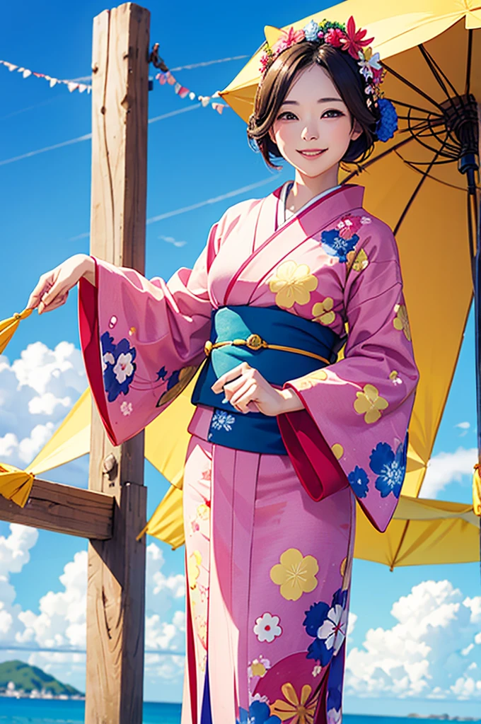 A beautiful smiling woman in a kimono greets people with a cheerful "Good morning" as her arms open under the blue sky