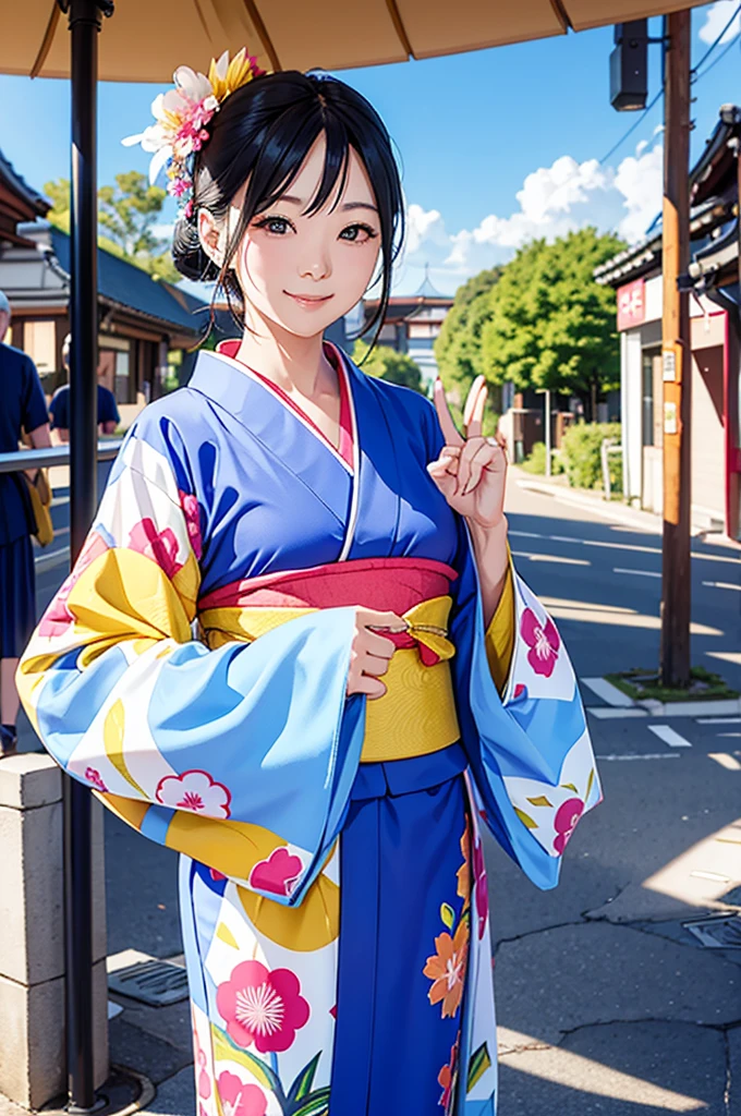 A beautiful smiling woman in a kimono greets people with a cheerful "Good morning" as her arms open under the blue sky