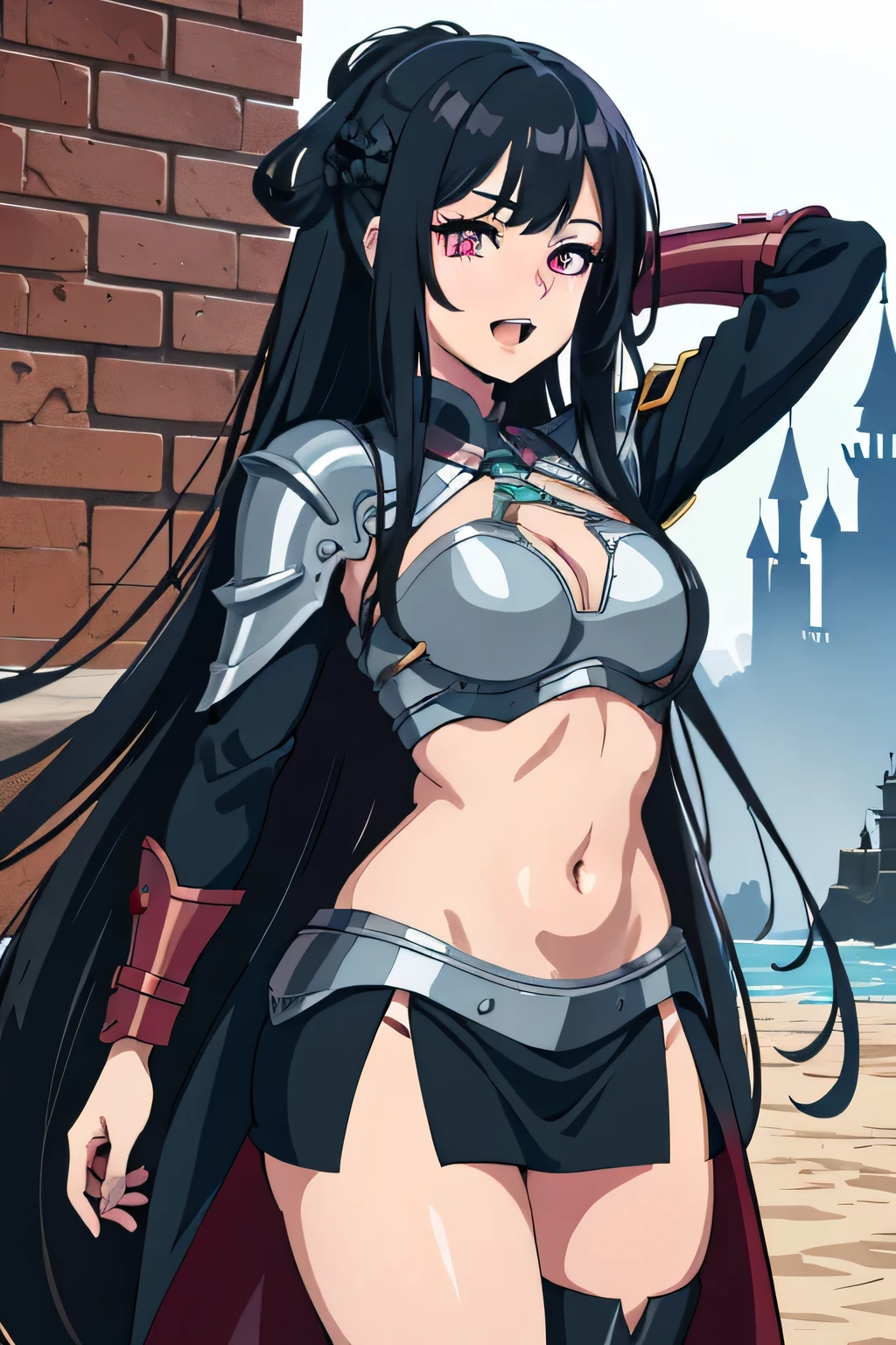 ak12, 1girl,  black hair, medium breasts, bangs, open eyes, long hair, blush, lipstick,, masterpiece, best quality, highly detailed, fantasy , a anime girls in armored dress holding a sword
posing for a picture, evil smile, smile, open mouth, breastplate with open cleavage, cleavage, warrior
outfit, ecchi anime style, anime girls, ecchi style, ecchi, digital anime art!!, in
anime style, official artwork, visual novel cg, beautiful anime girl, anime style 4 k , loincloth, exposed
belly, exposed navel, exposed midriff, exposed lower belly, pencil skirt armored, castle,inside castle,