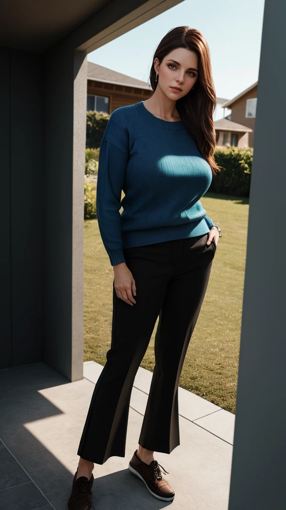Ultra realistic image of a thing 45 year old woman, she is 2 meters tall, she has big saggy tits, has long straight hair, is wearing flared pants and a tight low-cut sweater, standing outside a modern minimalist house. Ultra realistic image with excellent, ultra HD, high quality, hyper realistic, professional photography, excellent depth effect, excellent shadow effect, perfect perspective, blue scale, soft brightness, soft color intensity, soft contrast. Front view, half body photography