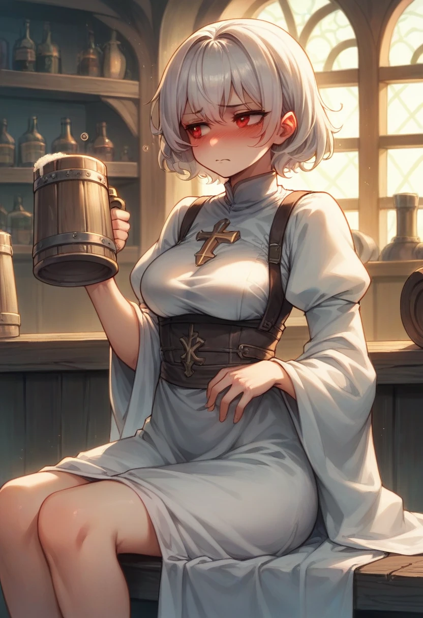 Adult female, average Height, very short brown nair, red eyes, cleric, black on white cleric robes, blushing, tsundere, sad, drunk, drinking from tankard, sitting, fantasy tavern, highly detailed, good detail, best detail, high quality, perfect eyes, looking away, perfect face