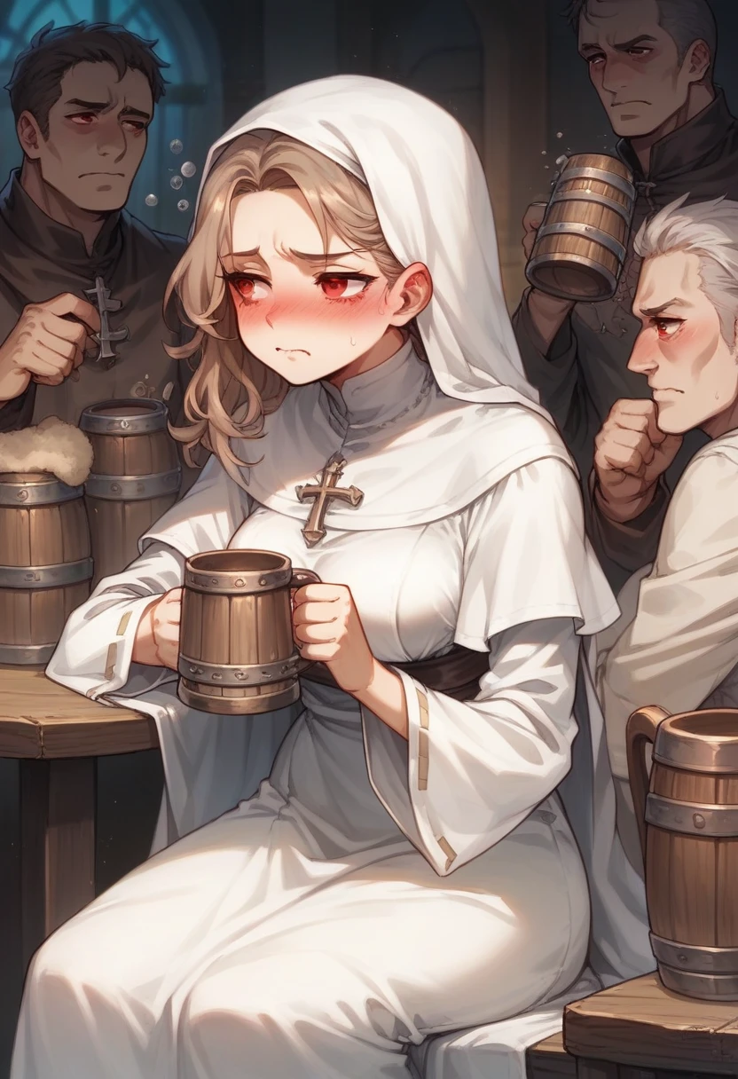 Adult female, average Height, very short brown nair, red eyes, cleric, black on white cleric robes, blushing, tsundere, sad, drunk, drinking from tankard, sitting, fantasy tavern, highly detailed, good detail, best detail, high quality, perfect eyes, looking away, perfect face
