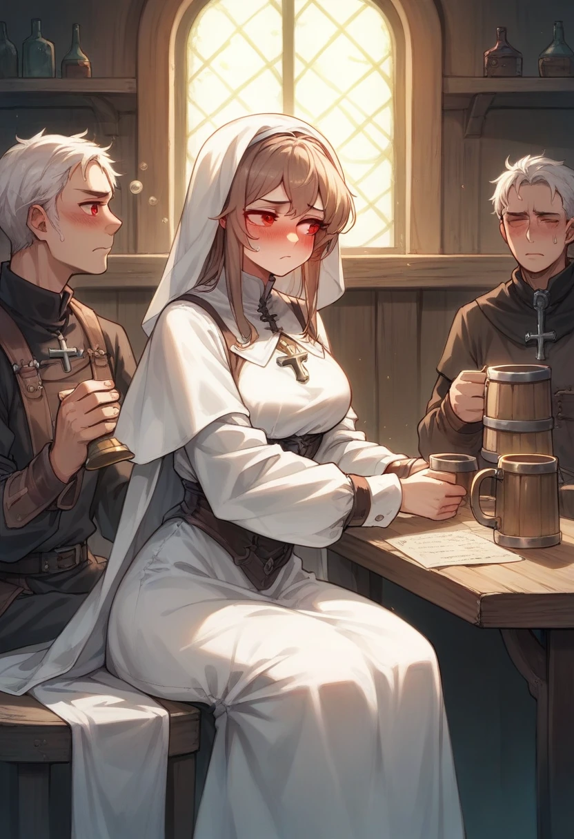 Adult female, average Height, very short brown nair, red eyes, cleric, black on white cleric robes, blushing, tsundere, sad, drunk, drinking from tankard, sitting, fantasy tavern, highly detailed, good detail, best detail, high quality, perfect eyes, looking away, perfect face