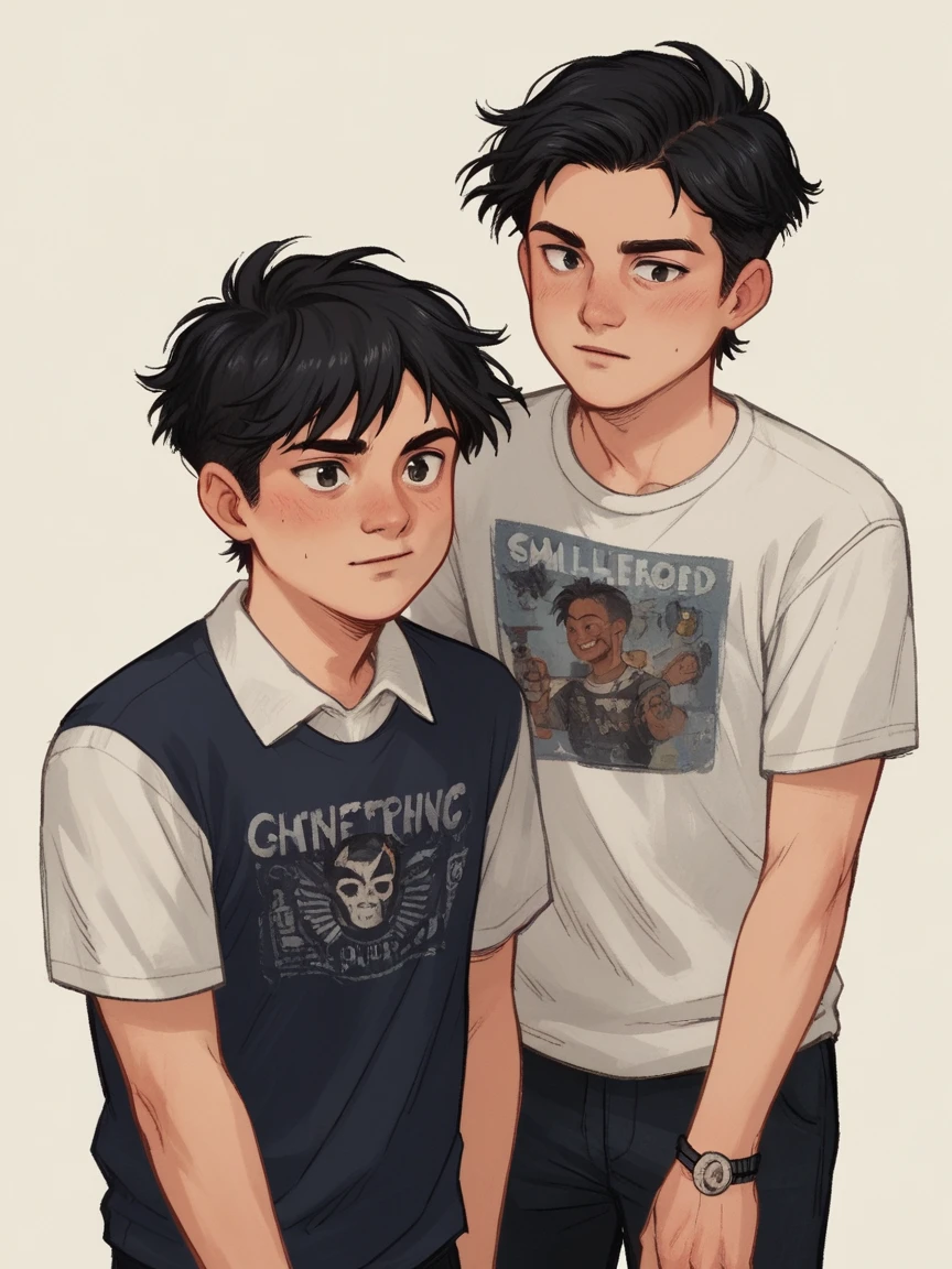 score_9, score_8_up, score_7_up, score_6_up, score_5_up, score_4_up, wh33z13, 2 ??? twins boys, white skin, dark black hair and eyes, simple background, smilling