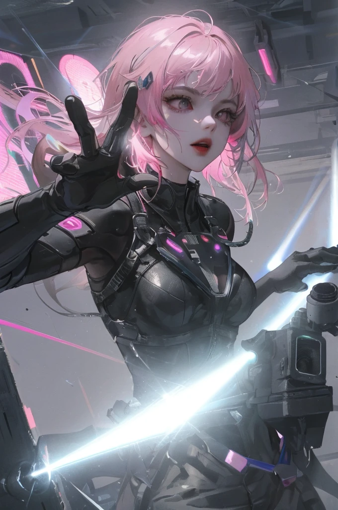 Cyberpunk, Pink Hair, Futurism, Surreal, Ultra wide angle, Wide-angle lens, look up, Dynamic Movement, Expressive, Full of energy, The Sacred Edge, Laser holographic images