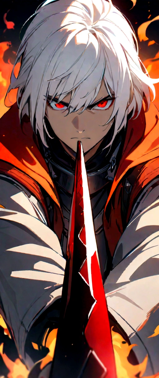 ((best quality)), ((artwork)), (detailded), 1 boy with long white hair and red eyes and fire sword 